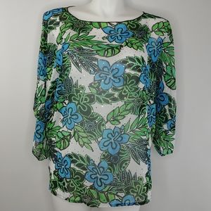 Dressbarn Woman Green and Blue Floral Sheer Sequin Blouse